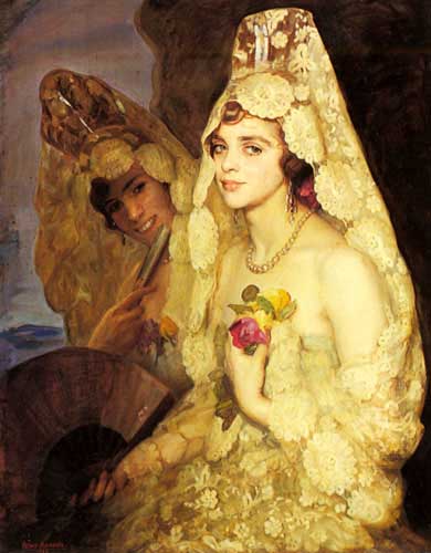 Painting Code#1865-Antonio, Pedro: Two Elegant Ladies Holding Fans