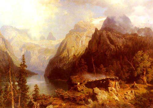 Painting Code#2680-Leu, August Wilhelm(France): A Shepherdess and Sheep resting by a Lake in an Alpine Landscape