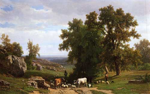 Painting Code#2885-Eugene Verboeckhoven - An Extensive Wooded Rocky Landscape with Shepherds and Flock and Cows 