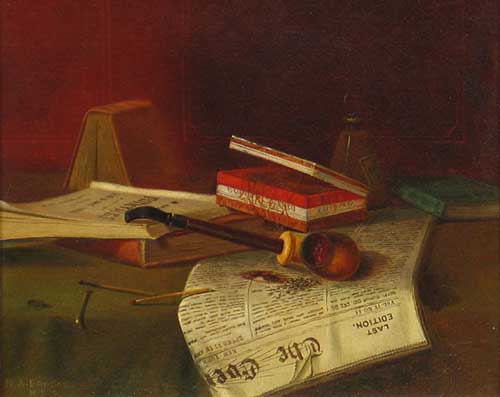 Painting Code#3028-Nicholas Alden Brooks: Still Life with Newspaper and Pipe
