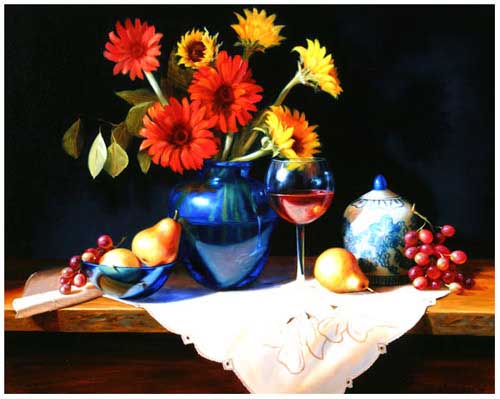 Oil Paintings Production:Fruit Still Life with Sunflowers in Blue Vase hspace=
