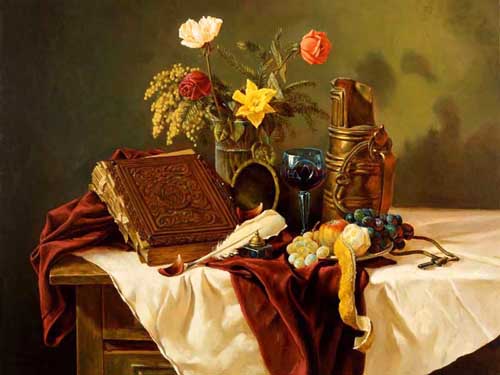Painting Code#3192-Still Life with Old Books, Fruits, Copper, and Flower in Vase
