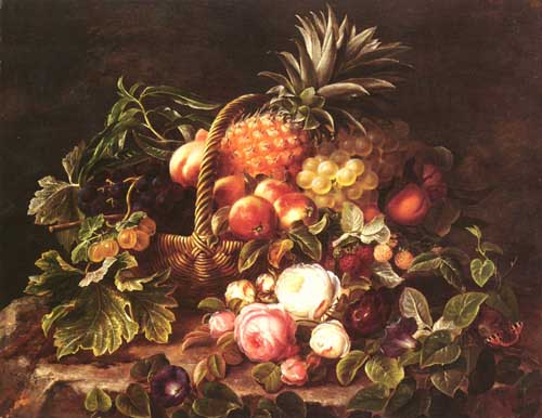 Painting Code#3312-Jensen, Johan Laurentz(Denmark): A Still Life Of A Basket Of Fruit And Roses 
 