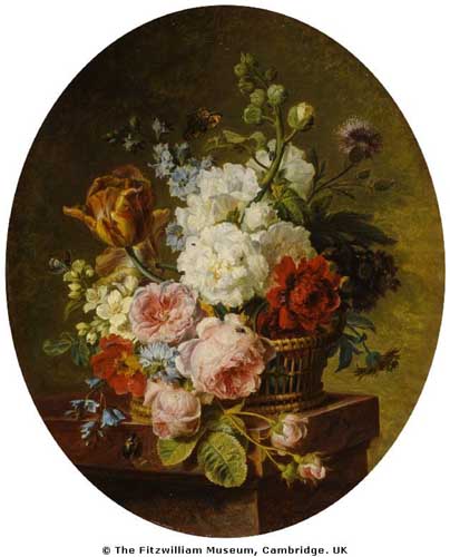 Painting Code#6377-Cornelis Spaendonck - Open wicker basket of mixed flowers