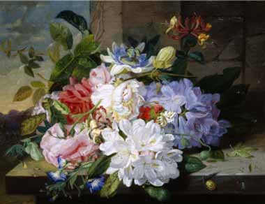 Painting Code#6544-John Wainwright - Pretty Still Life of Roses, Rhododendron and Passionflower