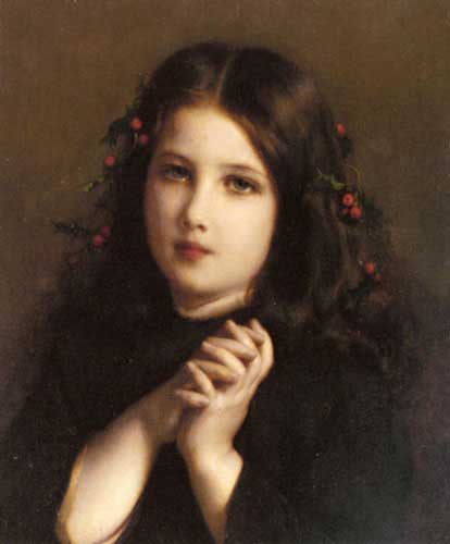 Painting Code#11724-Piot, Etienne Adolphe(France): A Young Girl with Holly Berries in her Hair
