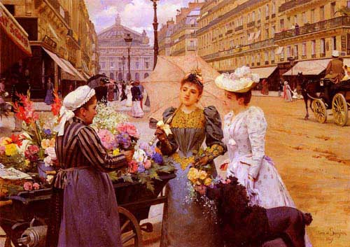 Painting Code#11816-Schryver, Louis Marie de(France): Flower Seller, Avenue De L'Opera