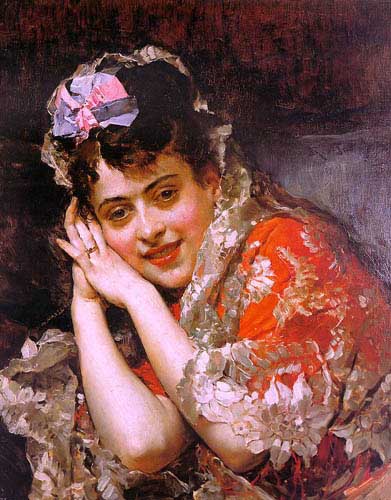 Painting Code#1564-Garreta, Raimundo de Madrazo y: The Model Aline Masson with a White Mantilla