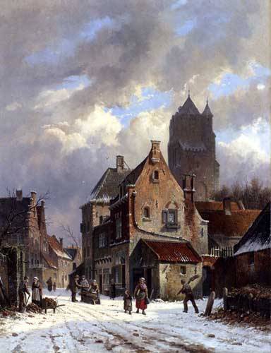 Painting Code#20050-Eversen, Adrianus(Netherlands): Figures In A Snowy Village Street