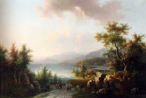 Painting Code#20055-Klerk, Willem De: A Wooded Hilly Landscape With Travellers On A Track Near A Lake