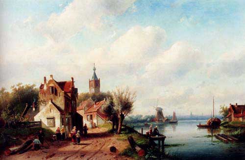 Painting Code#20058-Leickert, Charles Henri Joseph(Belgium): A Village Along A River, A Town In The Distance
