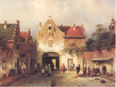 Painting Code#2007-Charles Leickert - A View in a Town with Numberous Townfolk at a City-gate