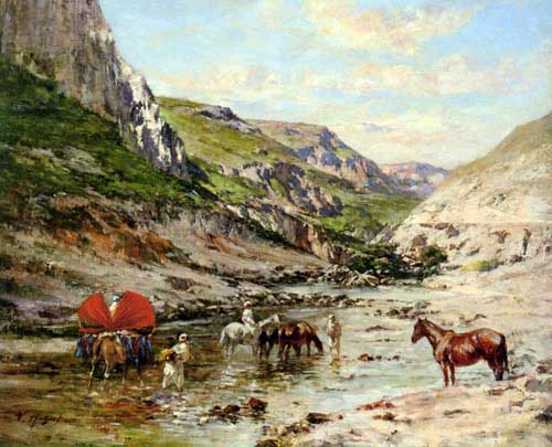 Painting Code#20082-Huguet, Victor Pierre(France): A Rest by the River