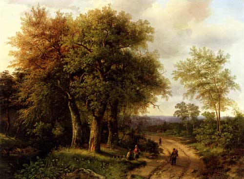 Painting Code#2016-Koekkoek, Marianus Adrianus(Holland): Travellers Resting On A Wooded Path