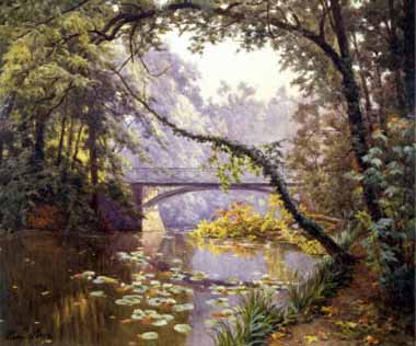 Painting Code#20244-Henri Biva - The Milieu Bridge in the Forest