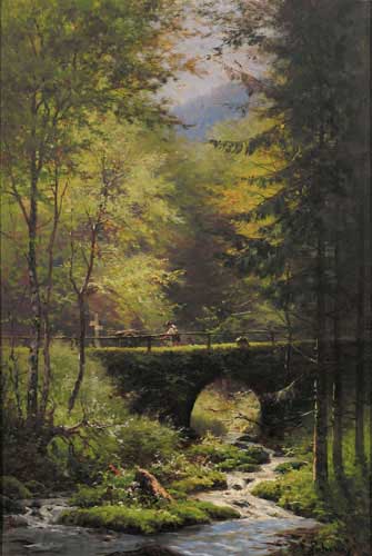 Painting Code#20398-Viktor Puhonny - Overlooking the Oos in Baden-Baden with wood readers on stone bridge