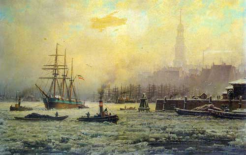 Painting Code#2059-Schmitz, Georg: View of the Harbour of Hamburg in the Winter