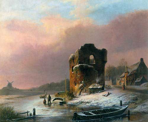 Painting Code#2072-Jonxis, Pieter Hendrik: Winter Landscape with Frozen River
