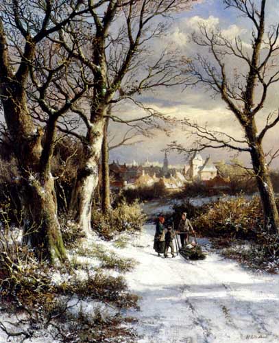 Painting Code#2076-Koekkoek, Johannes Hermanus(Netherlands): Figures On A Snowy Road