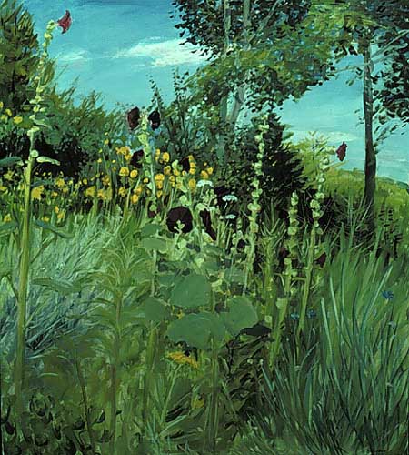 Painting Code#2135-Nancy Beal: Black Hollyhocks 