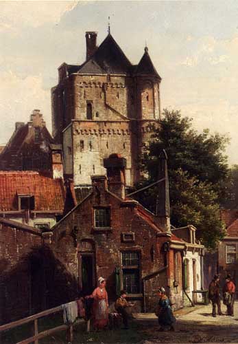 Painting Code#2176-Koekkoek, Willem(Holland): Figures In The Streets Of Harderwijk