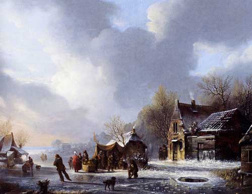 Painting Code#2189-Stok, Jacobus Van Der: Skaters On A Frozen River Near A 'Koek En Zopie'