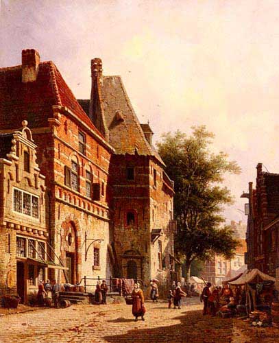 Painting Code#2361-Eversen, Adrianus(Netherlands): A Sunlit Street On A Market Day