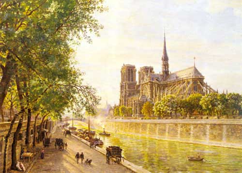 Painting Code#2374-Girard, Marie-Fran&amp;ccedil;ois-Firmin(France): L'lle de la Cite and the Cathedral of Notre Dame, Paris as seem from Quai Montebello