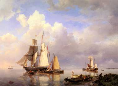 Painting Code#2645-Koekkoek Snr, Hermanus (Netherlands) - Vessels at Anchor in an Estuary