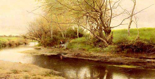 Painting Code#2792-Sanchez-Perrier, Emilio(Spain): A Campfire By The River's Edge