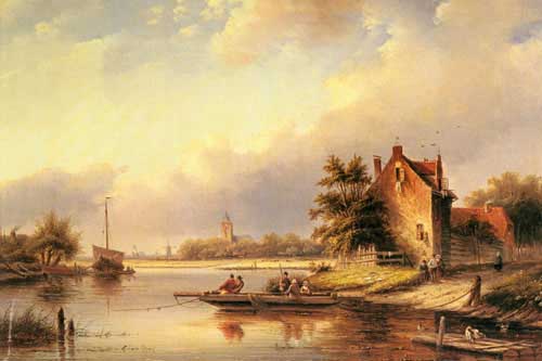 Painting Code#2804-Spohler, Jan Jacob Coenraad(Netherlands): A Summer's Day at the Ferry Crossing