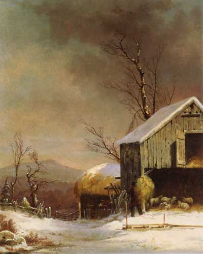 Painting Code#2979-George Henry Durrie - Feeding the Sheep