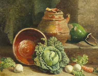 Painting Code#3008-William Hughes - Still Life of Cabbages, Carrot and Turnips
