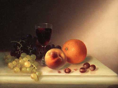 Painting Code#3034-MORSTON C. REAM: Tabletop with Fruit and Wine