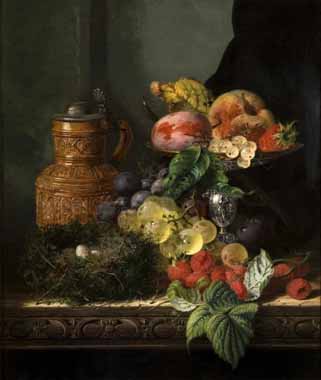 Painting Code#3120-Ladell, Edward - Still Life of Fruit and Birds Nest on a Wooden Ledge