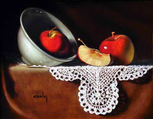 Painting Code#3160-Tabletop Still Life with Apples and Bowl