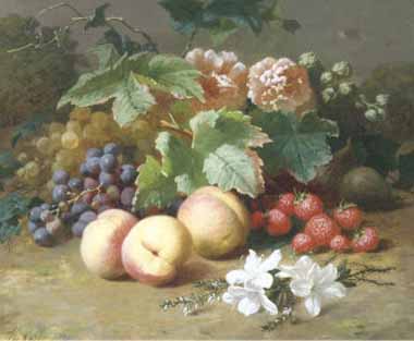 Painting Code#3247-Henri Robbe - Still Life with Flowers and Fruit