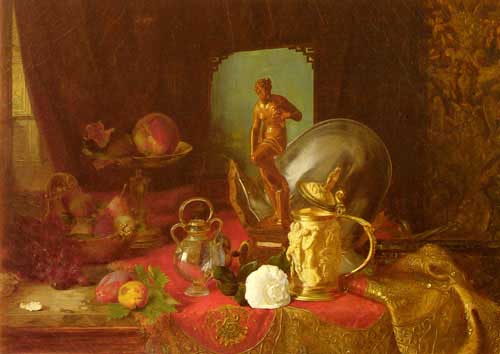 Painting Code#3327-Desgoffe, Blaise Alexandre(France): A Still Life with Fruit, Objets d'Art and a White Rose on a Table