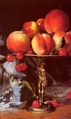 Painting Code#3328-Desgoffe, Blaise Alexandre(France): A Still Life with Peaches, Plums and Cherries