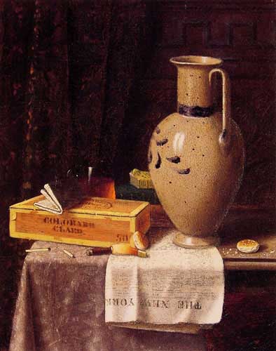 Painting Code#3358-Harnett, William Michael(USA): Cigar Box Pitcher and New York Herald