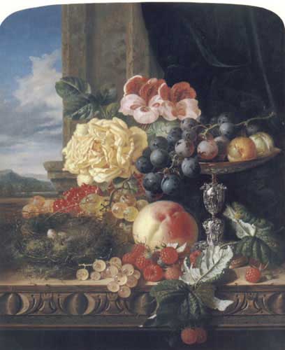 Painting Code#3435-Ladell, Edward: Still Life with Fruit, Flowers and a Bird's Nest