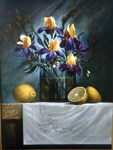 Painting Code#3511-Yannis Moros: Lemons and Irises