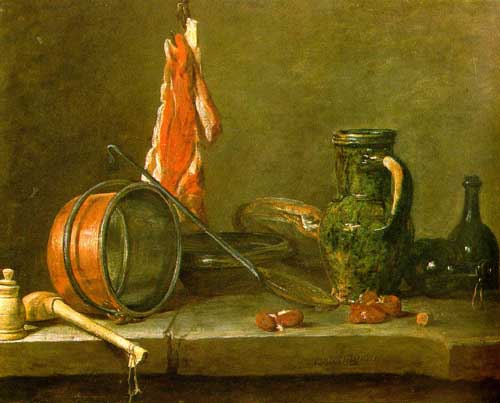 Painting Code#3587-Chardin, Jean-Baptiste-Simeon: A Lean Diet with Cooking Utensils