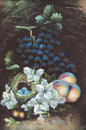 Painting Code#3596-Vincent Clare(British): Still Life with Fruit, Flowers, and Bird's Nest