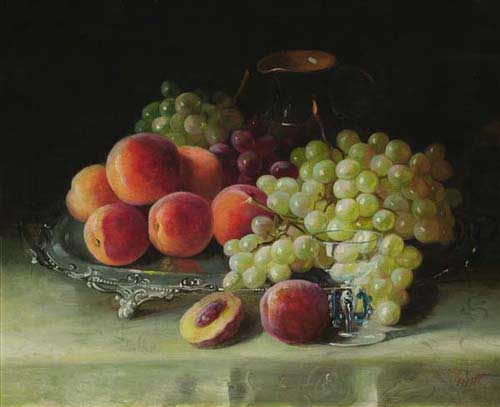 Painting Code#3602-Frederick M. Fenetti: Still Life with Peaches & Grapes