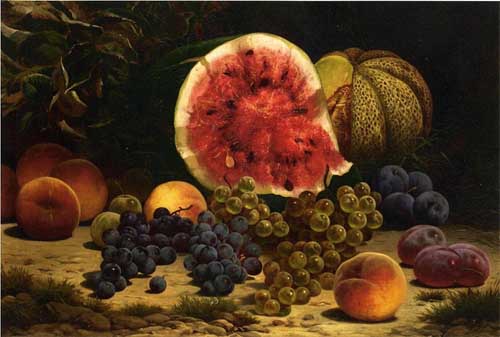 Painting Code#3621-William Mason Brown - Still Life with Watermelon, Grapes, Peaches, and Plums