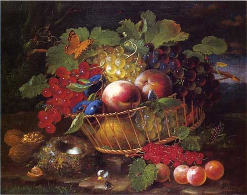 Painting Code#3630-George Foster - Still Life with Fruit, Butterflies and Bird's Nest