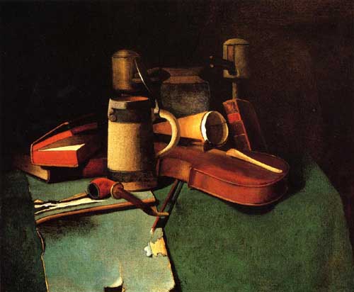 Painting Code#3665-John Frederick Peto - Books, Mug, Pipe and Violin