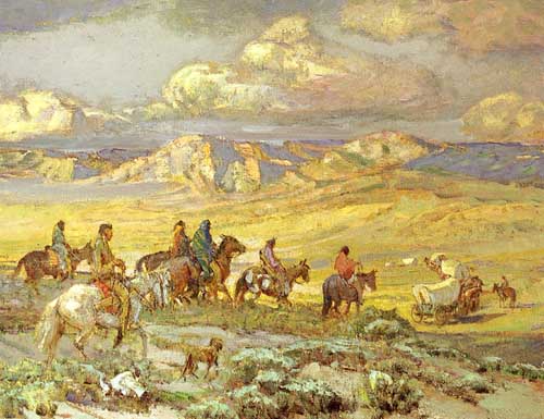 Painting Code#40311-Berninghaus Oscar E(USA): Friendly Indians Watching A Wagon Train 
