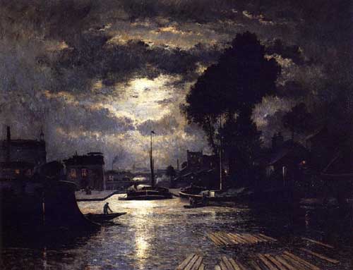 Painting Code#40486-Stanislas Lepine - Canal in Sait-Denis, Effect of Monnlight